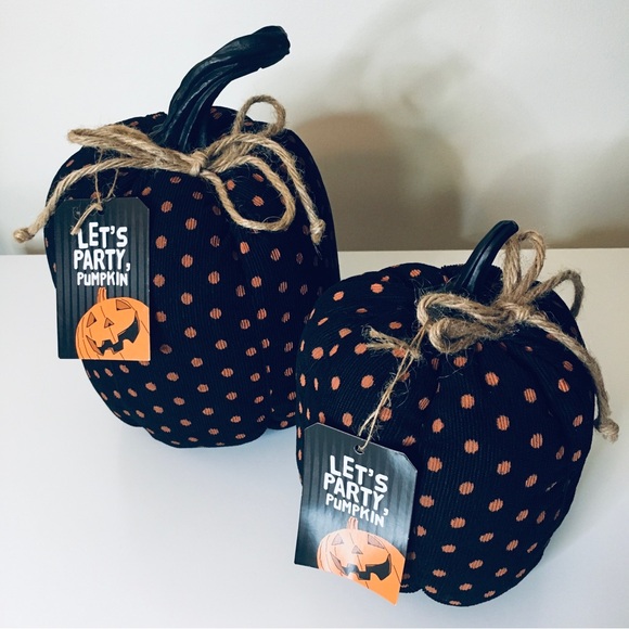 Set of 2 NEW Decorative Black & Orange Polka Dot Halloween Fall Fabric Pumpkins - Picture 2 of 14